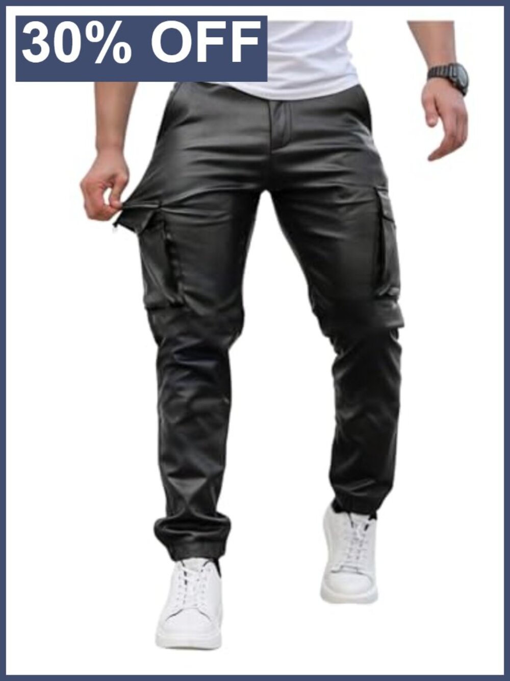 Faux Leather Jogger Pants Straight Leg Cargo Streetwear with Pockets